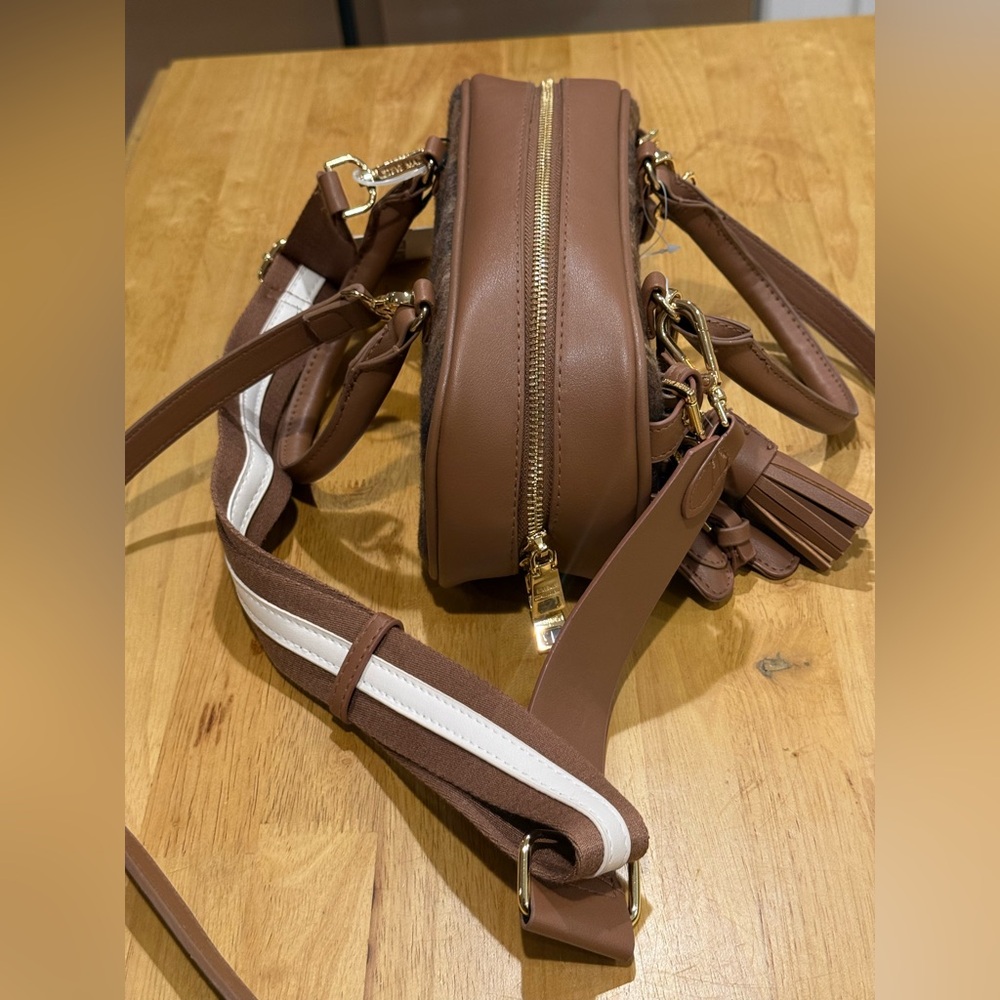 NWT Steve Madden Brown Plaid Blennix Nutshell Crossbody Bag Tassel Dog Charm - Picture 5 of 16